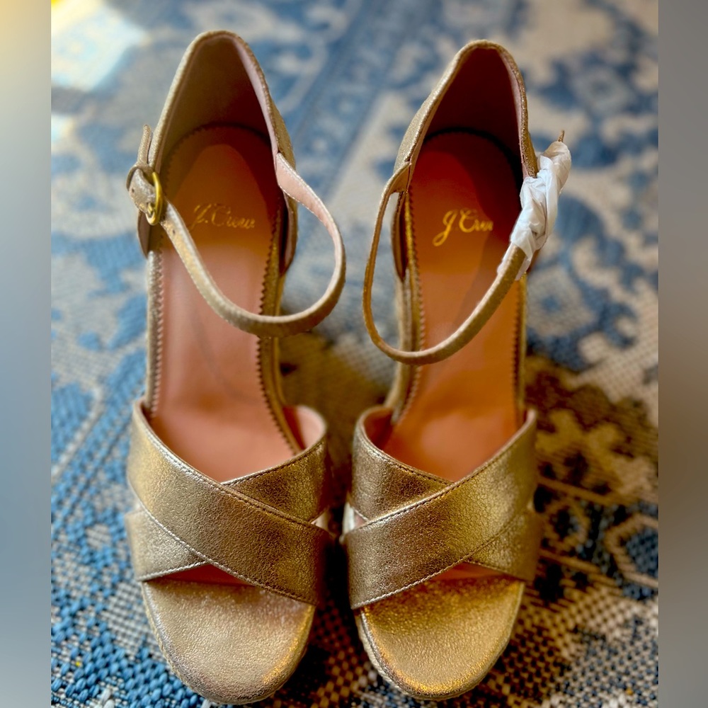NIB J Crew Metallic Cross Strap Espadrille Wedge Sandal 7.5